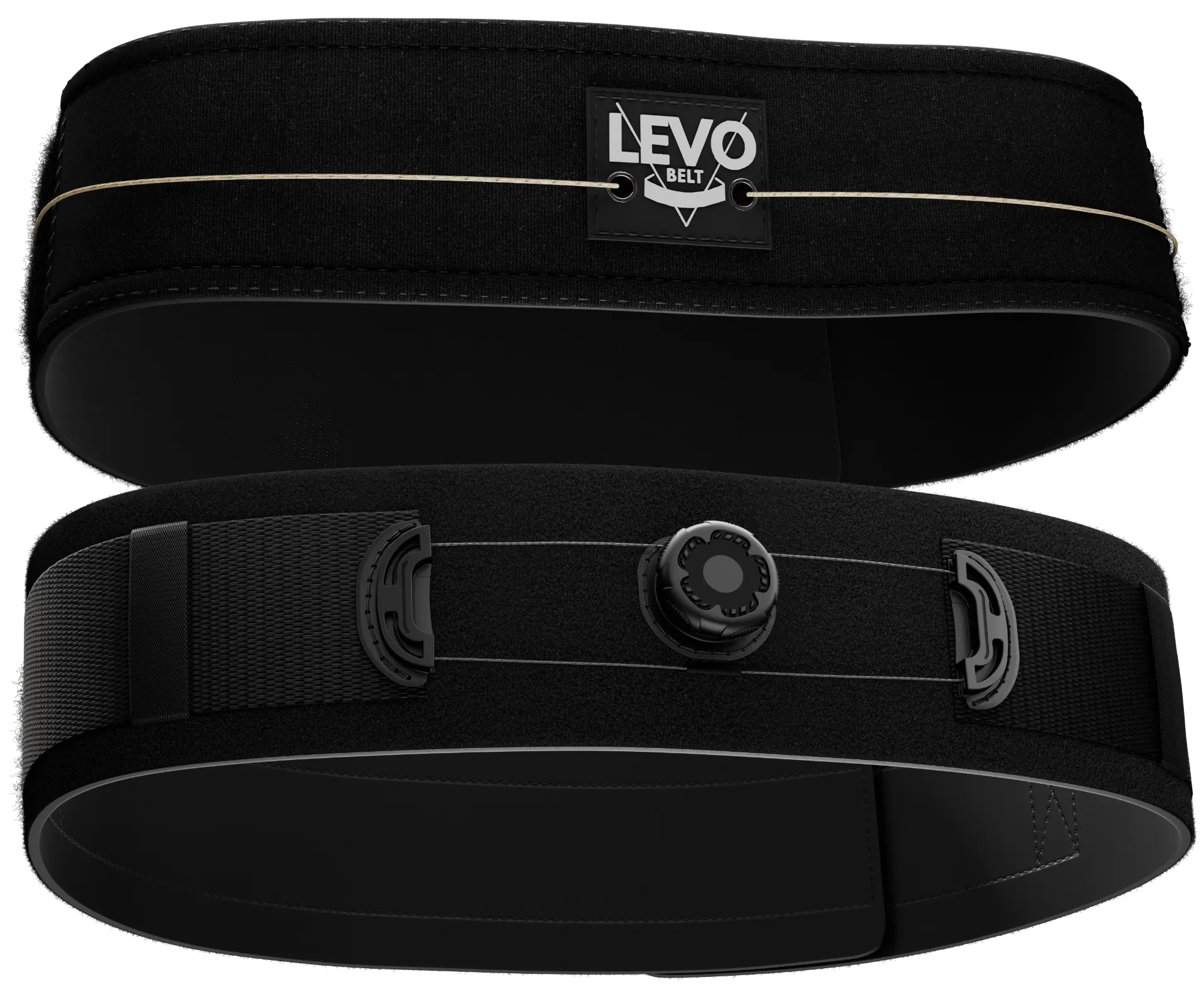 Levo Belt front and rear views showing the dial, laces, inner lining, and fastening flap